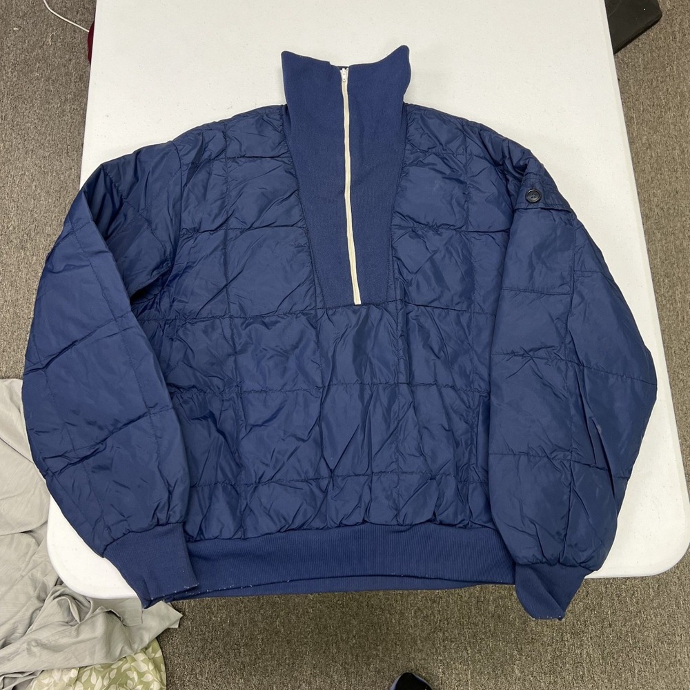 80s Eddie Bauer Quilted Puffer Jacket Men M Blue Ribbed Mock Neck Zip Up Vintage